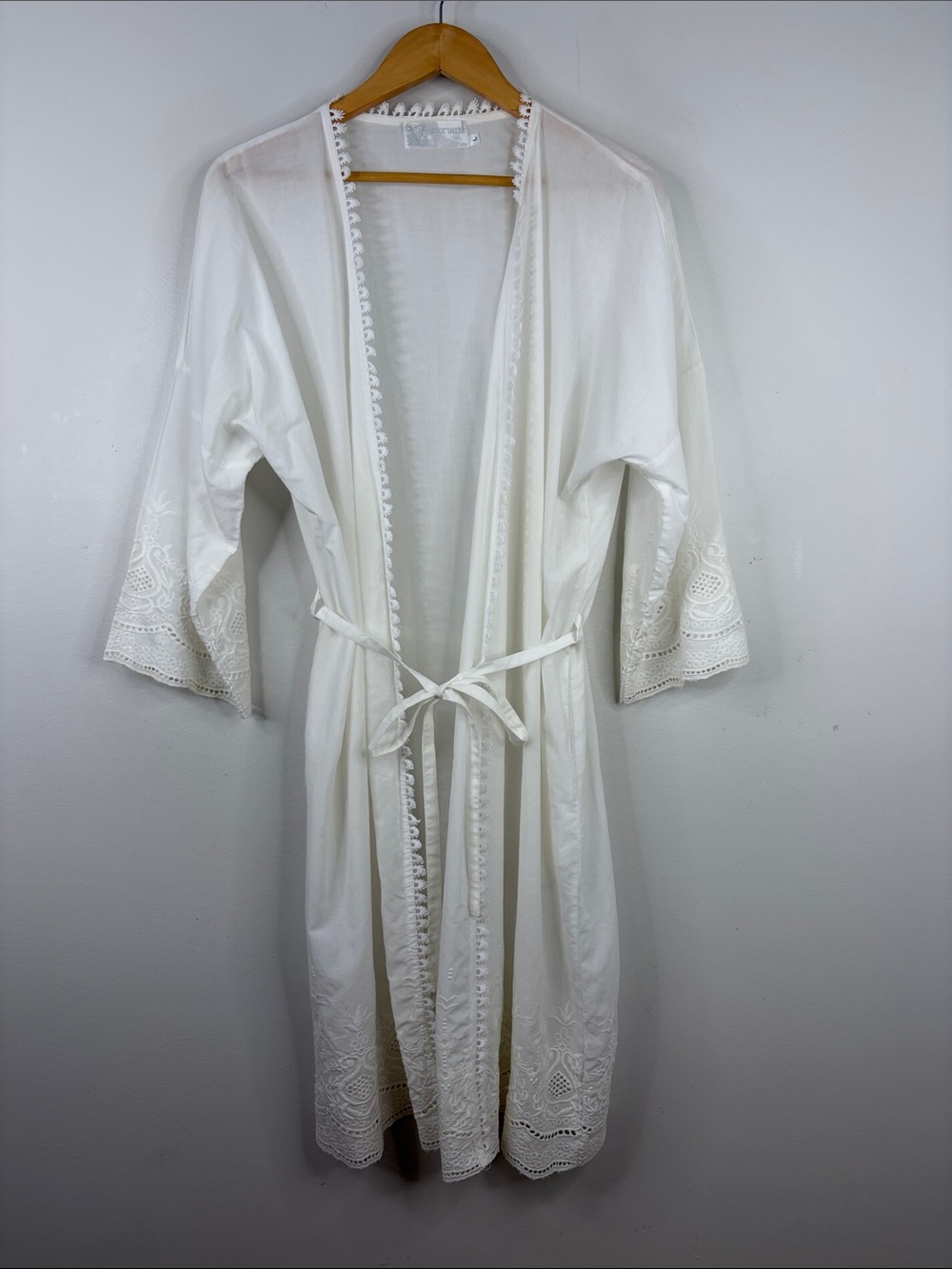 Victoriana Cotton Robe Womens Large White Embroidered Crochet Dressing Gown